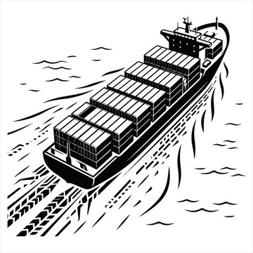 Cargo Ship Sailing on Ocean Waves Black and White Vector Illustration