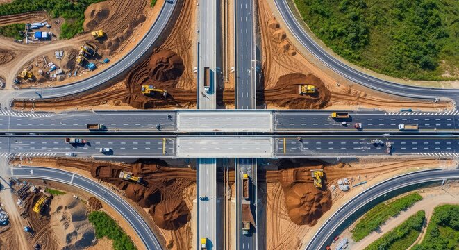 Aerial perspective of an extensive urban infrastructure development project featuring new highway construction and earthmoving equipment, engineering, civil, top-down