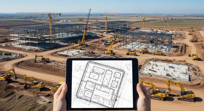 Aerial view of a tablet being used for site planning over a large building development with heavy equipment and industrial structures, design, organization, architecture