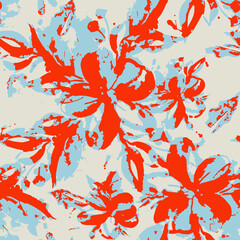 Modern seamless floral pattern featuring bright orange and light blue painterly flower motifs on cream background seamless botanical © Pattern Jungle