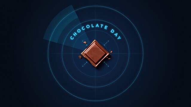 A chocolate square sits on a blue circular graphic with text on Chocolate Day.