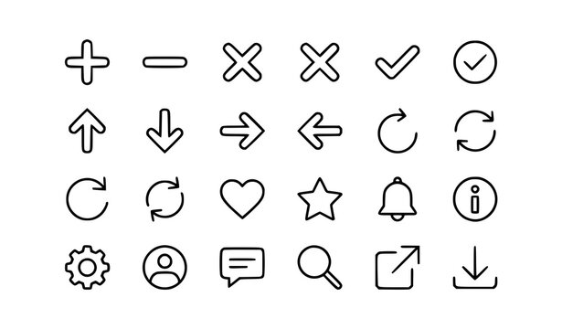 Universal line icon set with plus minus checkmark heart star and update symbols