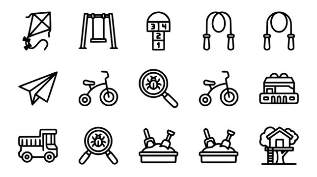 Playground and Kids Toys Icons Set: Kite, Swing, Hopscotch, Jump Rope, Bike, Sandbox, Treehouse