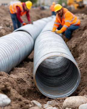 Two workers in bright vests handle large metal pipes. They bend low, focused on installing pipes in dirt. Their yellow hard hats protect against sun and dust. Hands grip tools, showing teamwork