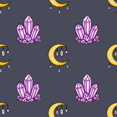 Enchanting vector seamless pattern with glowing purple crystals and crescent moons, perfect for mystical designs © Khrystyna Turchyn