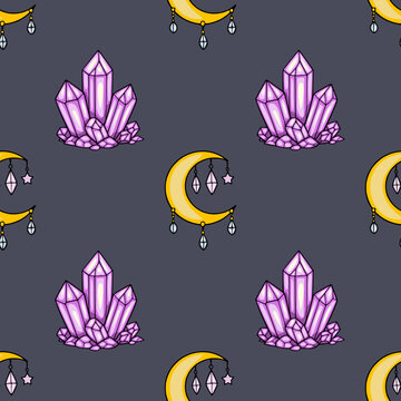 Enchanting vector seamless pattern with glowing purple crystals and crescent moons, perfect for mystical designs