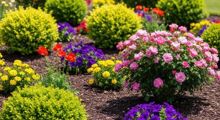 Obraz premium Bright sunny day in a garden where fresh shrubs and colorful flowers are planted in rich dark mulch to create a vibrant outdoor oasis, sunlight, spring, organic
