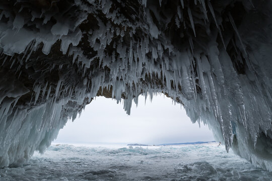 Ice cave on island Olkhon at Baikal Lake