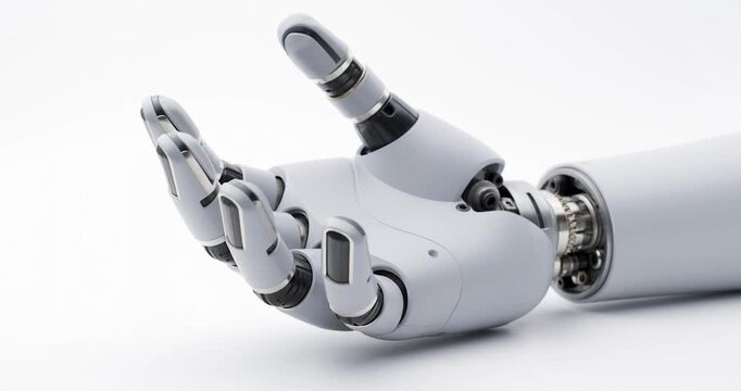 Futuristic robot hand and robotic hand with robot arm prosthetic hand artificial hand technology bionic automation innovation and artificial intelligence reaching forward white background with sleek