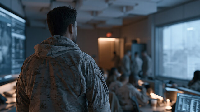 Military operations center duty officer briefs incoming shift using touchscreen briefing display, outgoing officers gathering personal items at workstations, classified folders