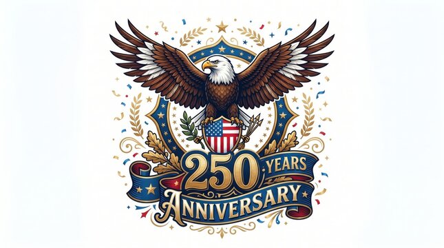 American bald eagle with 250 years anniversary banner and shield isolated on white background