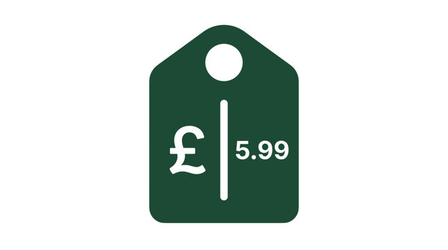 Green price tag with pound symbol and 599 value.