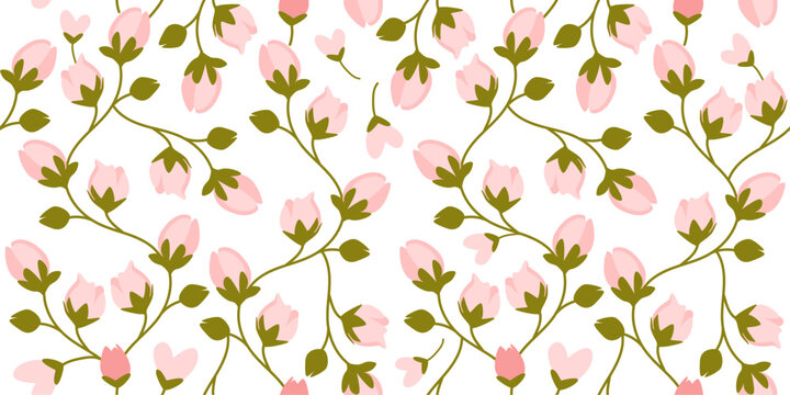Seamless pattern with pink apple flowers and green leaves on a white background. Surface design for tiles, kitchen textiles, tablecloths and bed linen