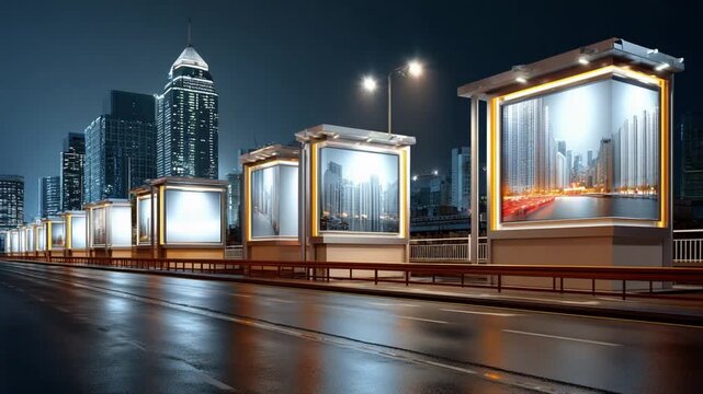 Urban Canvas at Night: A row of illuminated bus stop shelters, showcasing vibrant advertisements, lines a wet city street under the glow of urban lights.