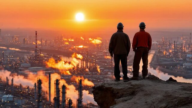 Industrial Sunrise: Two workers stand on a cliff edge overlooking a vast industrial complex bathed in the warm glow of a sunrise, watching the factory smoke rise as the day begins.
