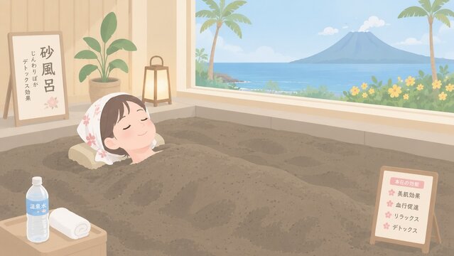絶景の海を望むリゾートで砂風呂を楽しむ女性とデトックス効果の表示