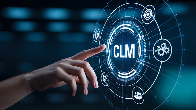 Detailed shot of hand using complex clm interface with gears and target icons on dark technological background showing advanced contract lifecycle management system features.