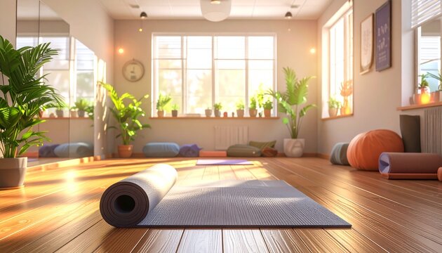 Rolled yoga mat in bright wellness room with indoor plants, mindful lifestyle, relaxation space, healthy living, self care routine. health