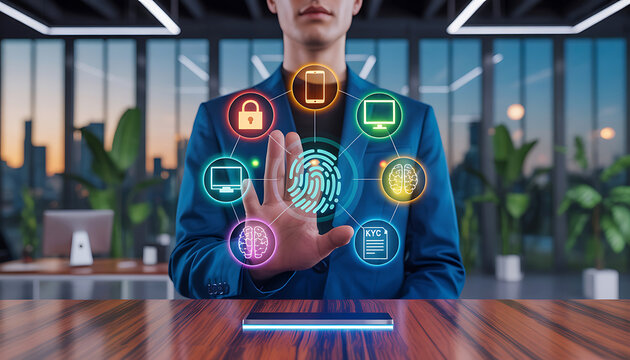 Businessman in blue suit presents holographic fingerprint for multi-factor authentication with secure digital icons surrounding on modern office background.