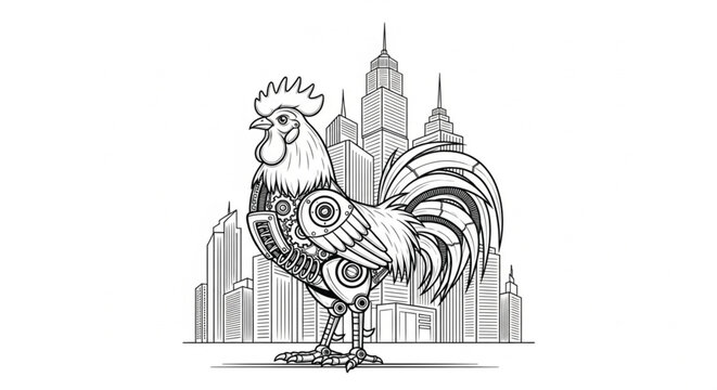 Rooster Standing in Front Cityscape.