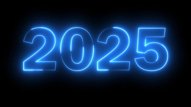 Neon new year 2025 text icon animation glowing blue color number season digit celebrate banner event wishes party anniversary on black background	