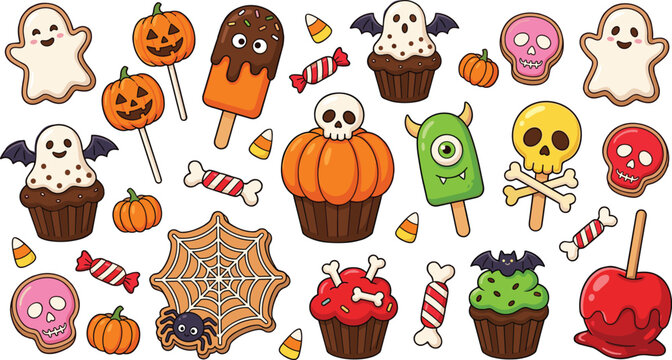 Cute Halloween Character Collection with Ghost Cookies, Monster Popsicles, Skull Cupcakes, Candy Apples, and Spooky Dessert Illustrations