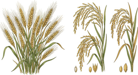 Obraz premium Wheat and Rice Crop Collection with Golden Grain Ears, Paddy Plants, Seeds, and Agricultural Botanical Illustrations for Farming Projects