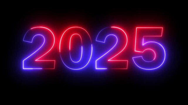 Neon new year 2025 text icon animation glowing red and blue color number season digit celebrate banner event wishes party anniversary on black background	