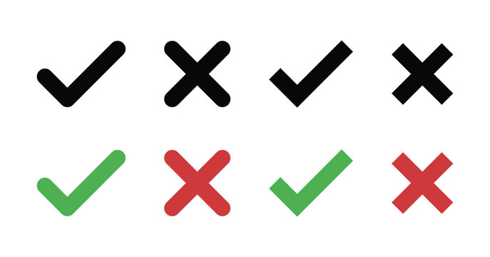 approval and rejection icon set. Green check mark and red cross mark icons. correct or incorrect sign. right and wrong buttons.  Success and failure symbols