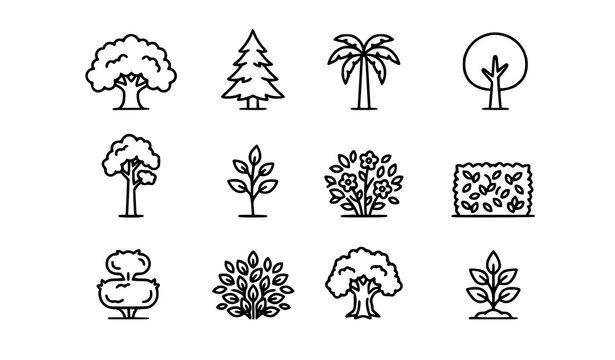 Simple Trees and Bushes Outline Icons Set with Editable Strokes for Websites Articles and Books