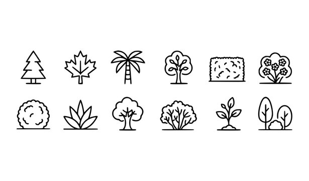 Nature Outline Icons Collection with Trees Bushes and Garden Plants Editable Stroke Design