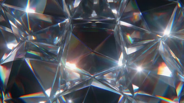 Dazzling prismatic light refractions illuminate intricate crystal facets, creating a brilliant abstract pattern of sparkling geometry and vibrant reflections