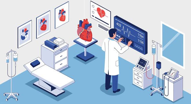 Doctor reviewing cardiac scans on digital monitor.