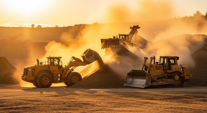 Loaders and dozers move gravel at a quarry in the afternoon sun as thick dust clouds rise, highlighting busy industrial activity on site, earthworks, energy, terrain