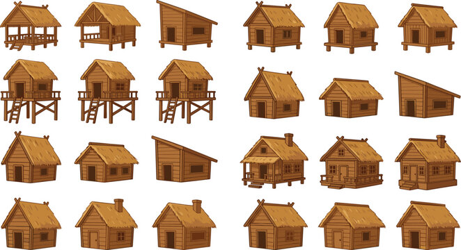 Rustic Wooden Cabin Collection with Thatched Roof Huts, Village Houses, and Traditional Rural Architecture Vector Illustrations for Design Projects