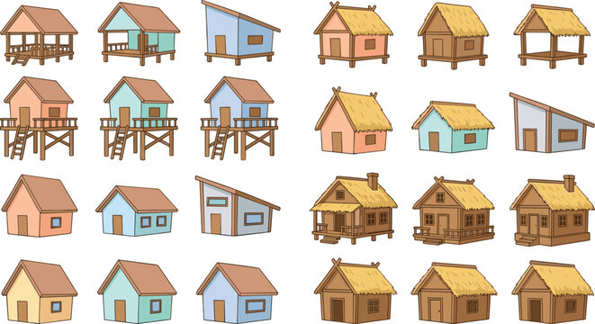 Colorful Rural House Collection with Wooden Stilt Homes, Thatched Roof Cottages, and Traditional Village Architecture Vector Illustrations