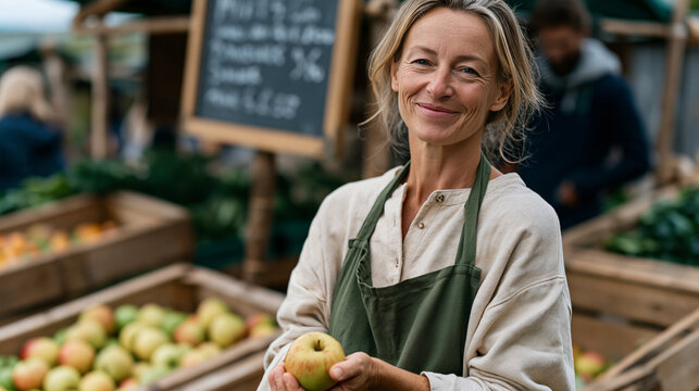 Organic farmer at a muddy outdoor market stall demonstrating to customers how to identify a ripe apple by its stem resistance in early September, a handwritten price board behind