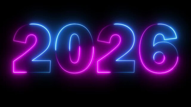 Neon new year 2026 text icon animation glowing pink and blue color number season digit celebrate banner event wishes party anniversary on black background	