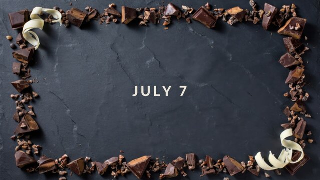 Chocolate pieces and nuts form a frame on a slate background with a date.