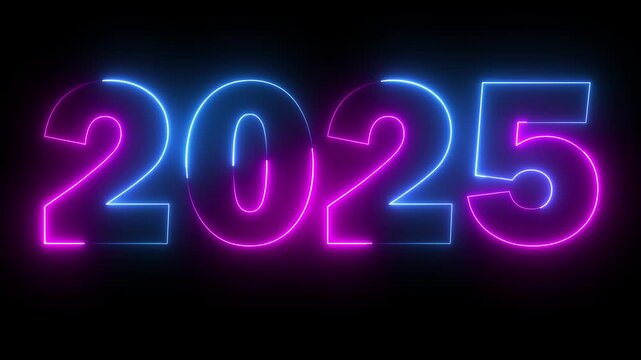 Neon new year 2025 text icon animation glowing pink and blue color number season digit celebrate banner event wishes party anniversary on black background	