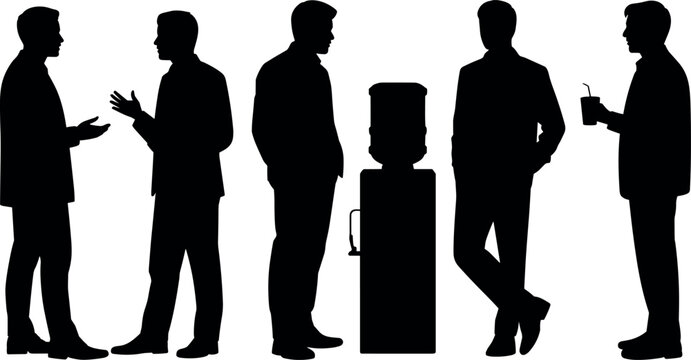 Businessmen silhouettes standing by a water cooler dispenser talking communicating taking a coffee break in corporate office during workday illustration