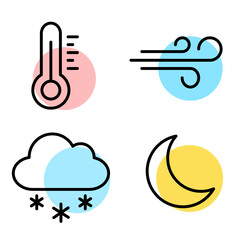 Fototapeta premium Weather icon collection featuring thermometer, wind, snow cloud, and moon symbols in colorful outline style, ideal for forecast, climate, and seasonal applications.