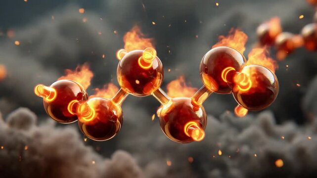 Combustion of Molecules: A visual representation of molecular bonds igniting and burning, symbolizing chemical reactions and energy release with fiery intensity.