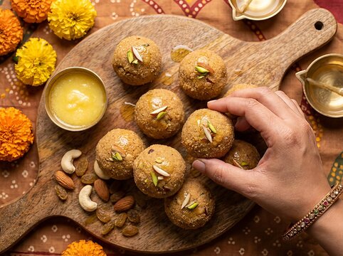 Delicious Besan Ke Laddu Indian Sweets Served on a Wooden Board.