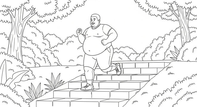 Overweight man running up stairs fast.