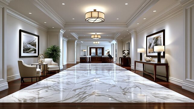 Luxury classic style hotel lobby entrance hallway with large white marble floor dark wood trim and classic ceiling lighting elegant interior design