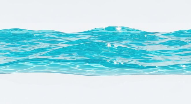 Vibrant turquoise water waves with sparkling light reflections and soft ripples flowing over a minimalist white surface in a wide shot, crystal, calm, shimmer