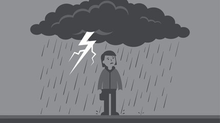 A man stands under a rainy stormy weather with a lightning bolt. © Abhinaya Project