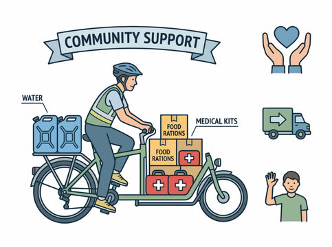 Community Support: Delivery of Aid, Food Rations, Water, and Medical Kits