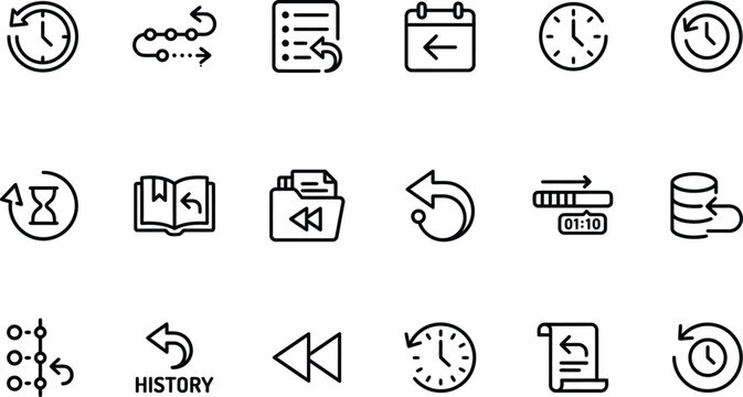 Black line vector icon set of history logs backup recovery time tracking features media rewind steps and database backup restoration symbols